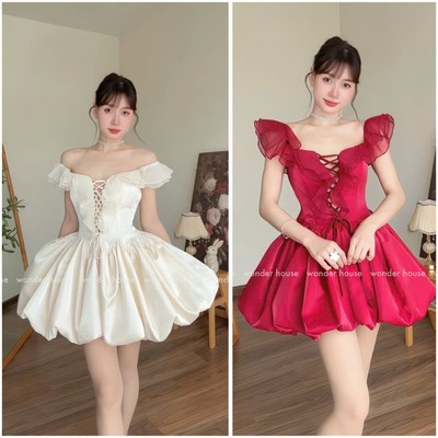 Ivory Dress Wonderhouse Đầm trễ vai dáng bí chất vải Tafta dày dặn sang trọng phù hợp mặc đi tiệc, dạo phố