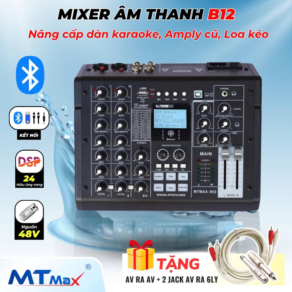 [ Tặng dây ] Bàn Trộn Âm Thanh Mixer MTMax B12 4 Kênh (3 Mono, 1 Stereo) 24 Hiệu Ứng Vang