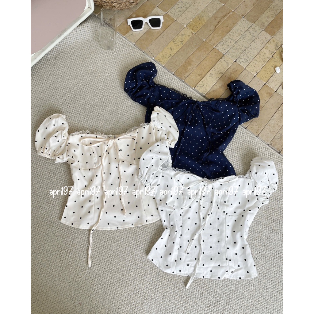 Áo chấm bi tay bồng viền ren ngực Asley (ảnh thật/ hoả tốc)