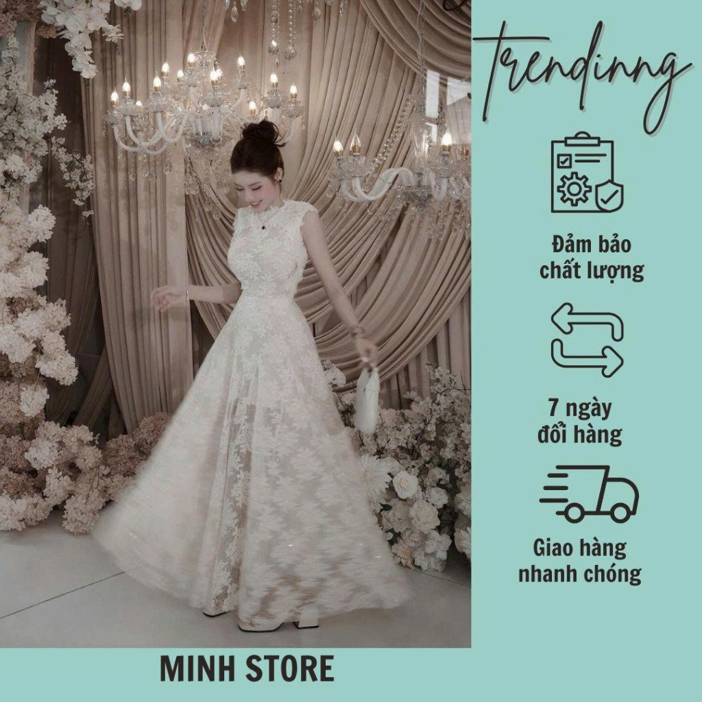Váy dự tiệc ren hoa lá khoét lưng tay hến dáng dài Minh Store