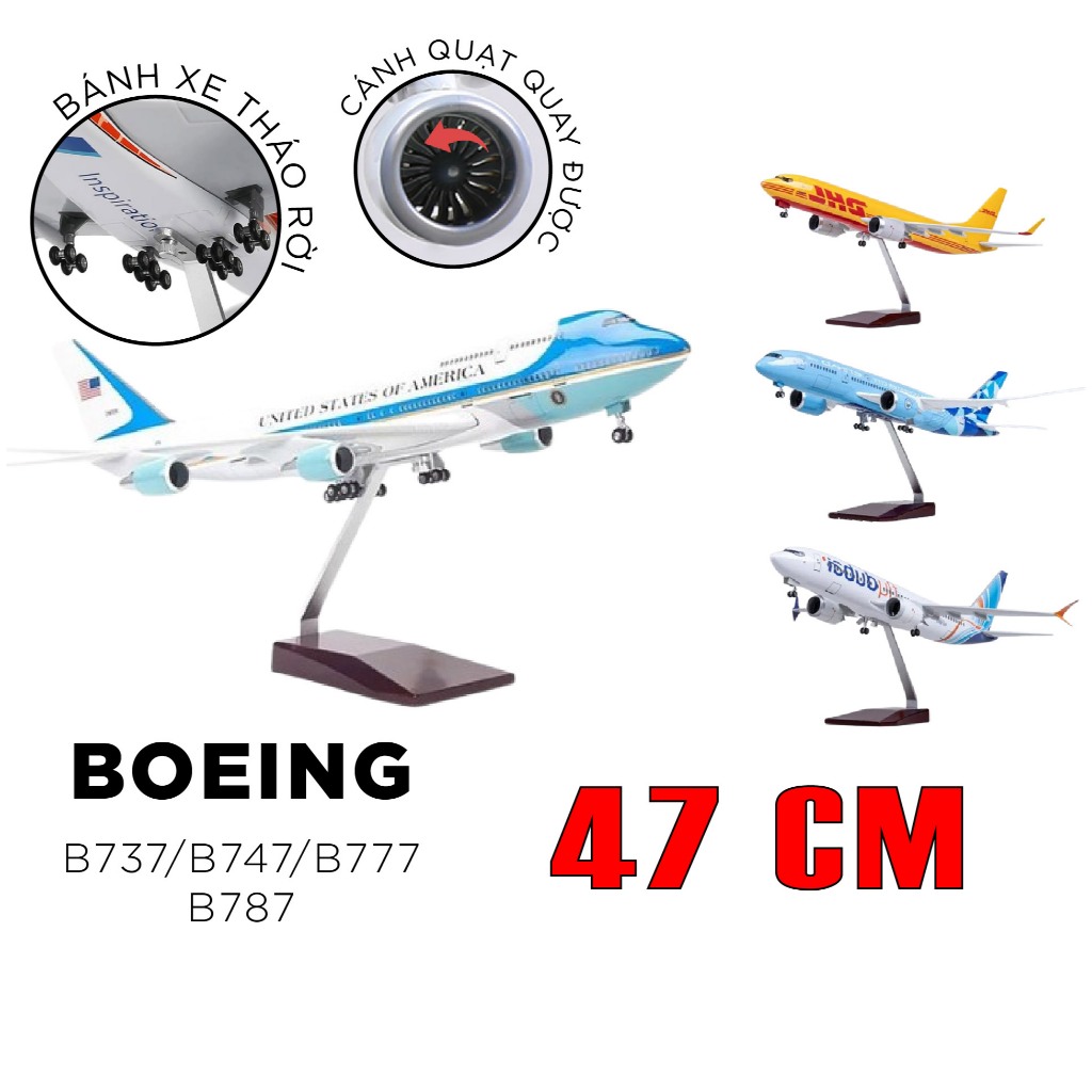 Mô hình máy bay 47cm các dòng Boeing B737 B747 B777 B787 khổng lồ có bánh xe và đế gỗ trưng bày MB47
