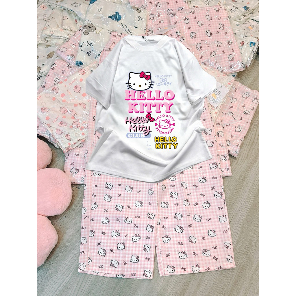 Set bộ áo thun form rộng mix quần đũi xuông hello kitty - hello kitty club