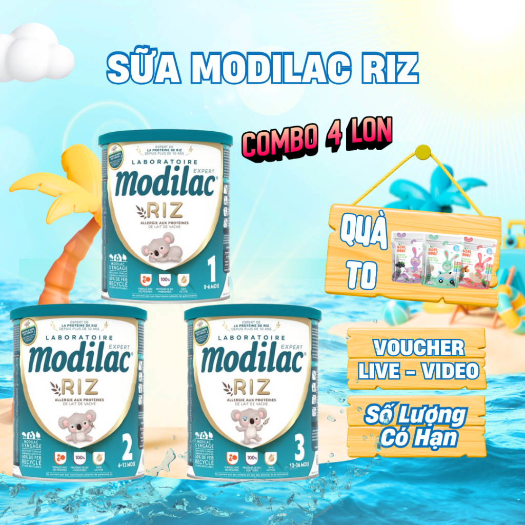 [Combo 4 Lon] Sữa Modilac Riz số 1, 2, 3 Lon 800g dành cho trẻ dị ứng đạm bò và bất nạp Lactose nhập