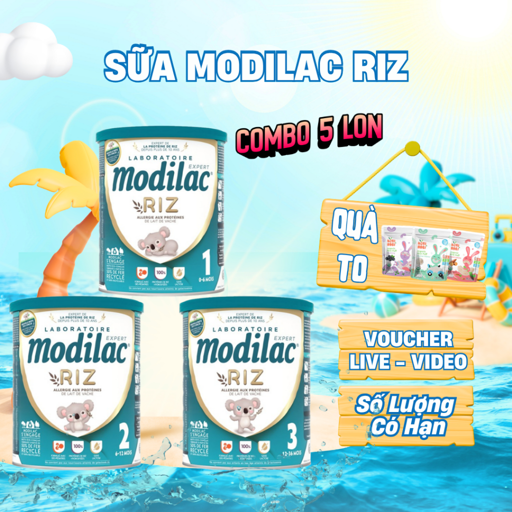 [Combo 5 Lon] Sữa Modilac Riz số 1, 2, 3 Lon 800g dành cho trẻ dị ứng đạm bò và bất nạp Lactose nhập