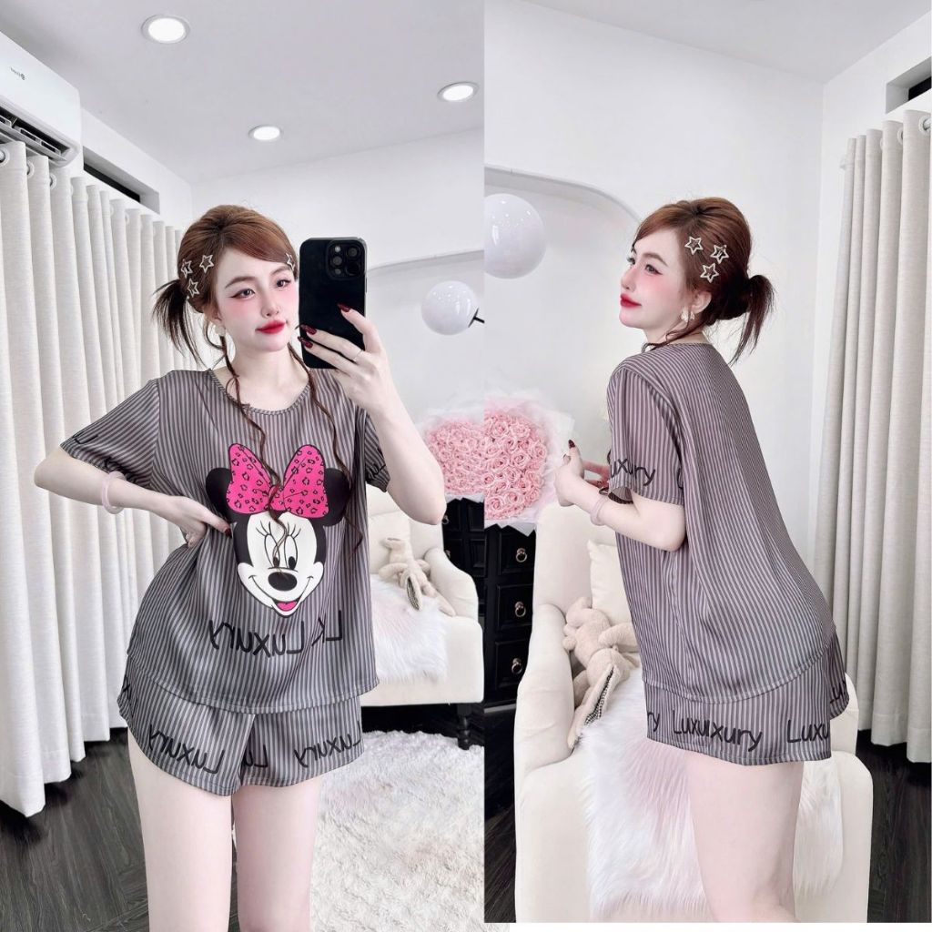 Đồ Ngủ Pijama Cổ Tròn, Đồ Ngủ Nữ Lụa Latin In 3D cao cấp mềm mại xinh xắn < 65Kg M28
