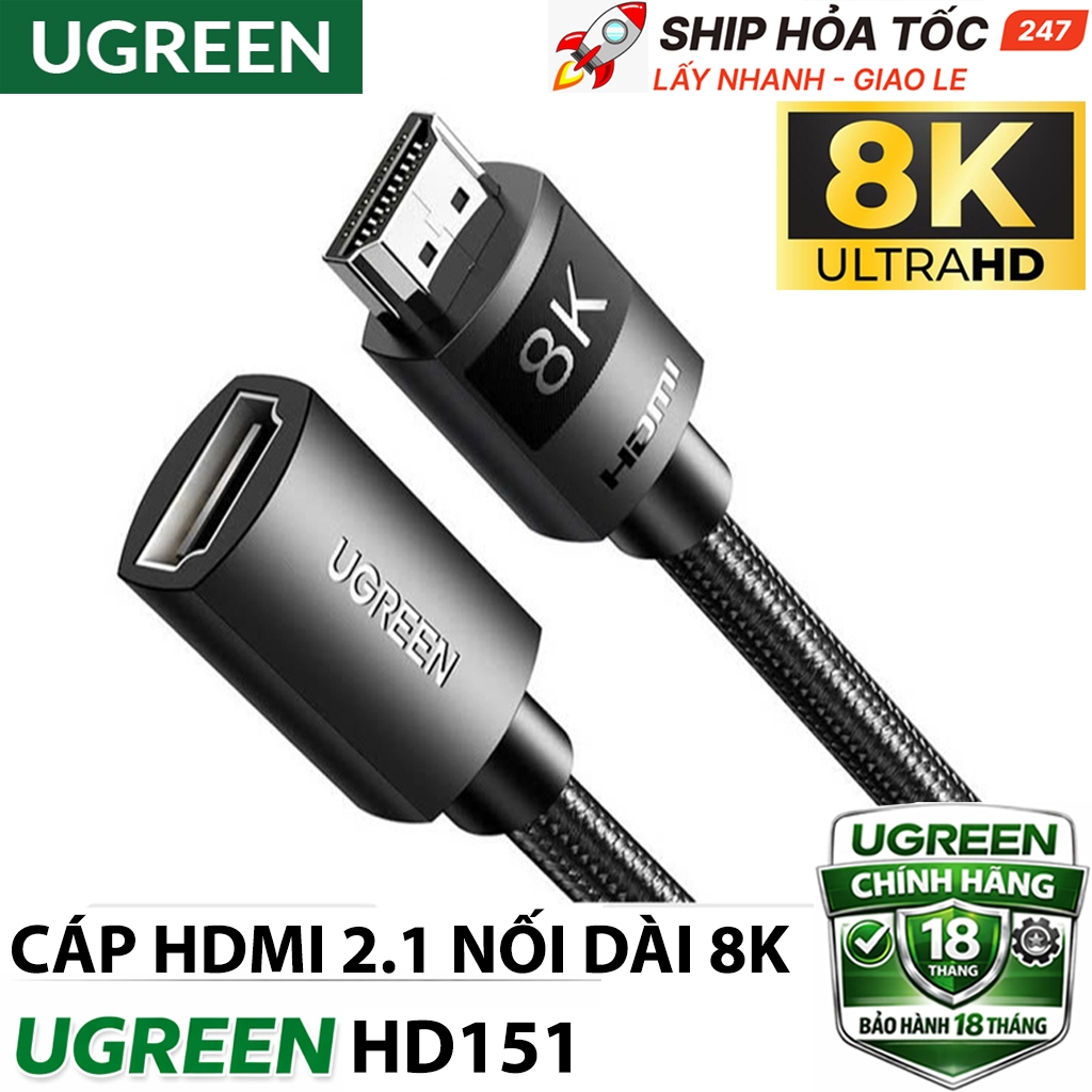 Cáp hdmi 2.1 nối dài UGREEN HD151 phân giải 8K, Dây nối dài hdmi 2.1 vỏ bọc dù giúp tăng chiều dài