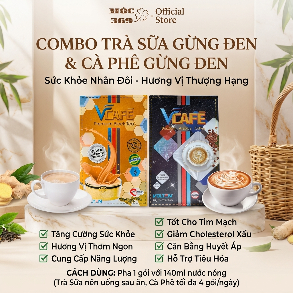 [COMBO hạnh phúc] Cà phê hòa tan,Trà Sữa Tinh Chất Gừng Đen thượng hạng Vcafe Arabica Brazil - Premi