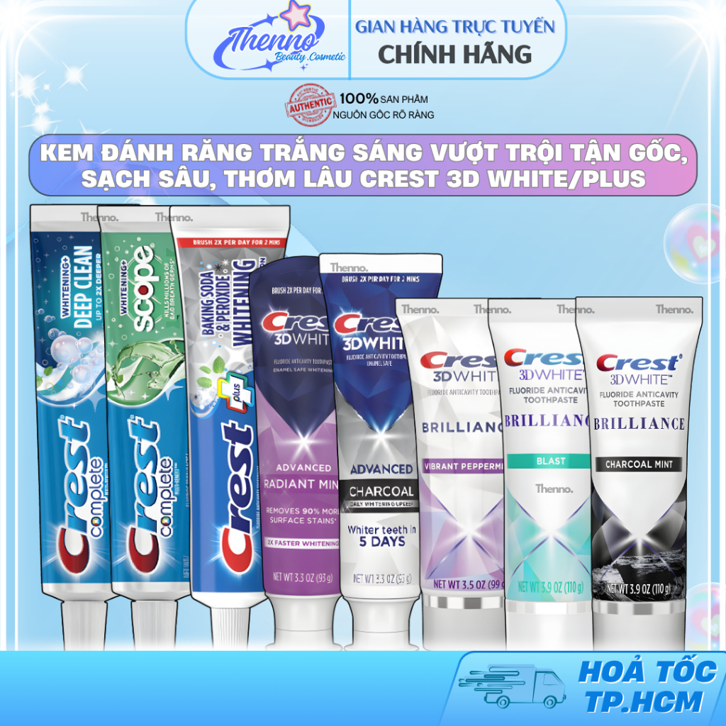 Kem Đánh Răng Trắng Sáng Vượt Trội Tận Gốc, Sạch sâu, Thơm Lâu Crest 3D White/Plus 93g/107g/153g Nhậ
