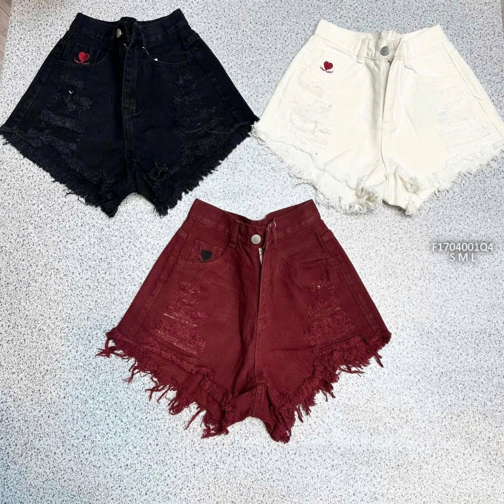 Quần short jean lưng cao phối thêu tim TOMBI SHOP
