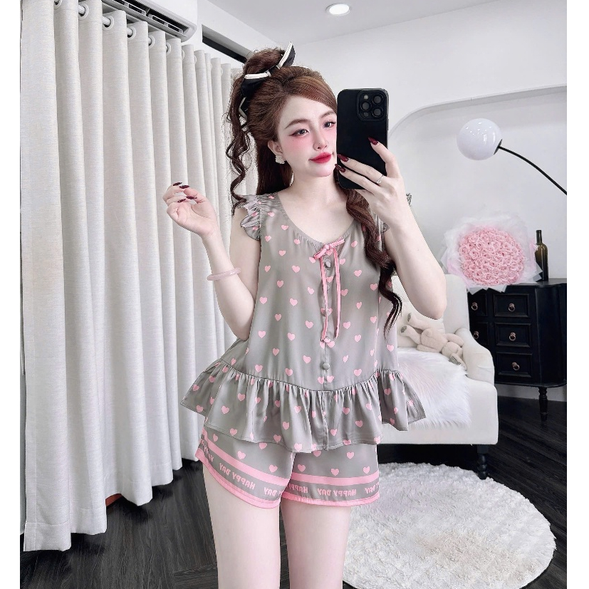 Đồ ngủ pijama tay cánh tiên- Đồ Bộ mặc nhà Nút Bọc lai bèo Nữ Tính DN204