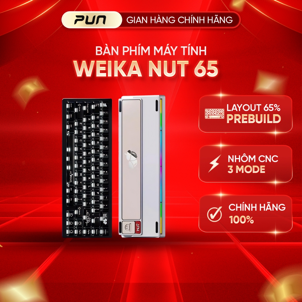 Bàn phím cơ 65% WEIKAV NUT65 – Khung nhôm CNC, PCB 1.6mm Non-Flex, 3 Mode, Gasket Mount, LED RGB, VIA APP, Hotswap | BigBuy360 - bigbuy360.vn