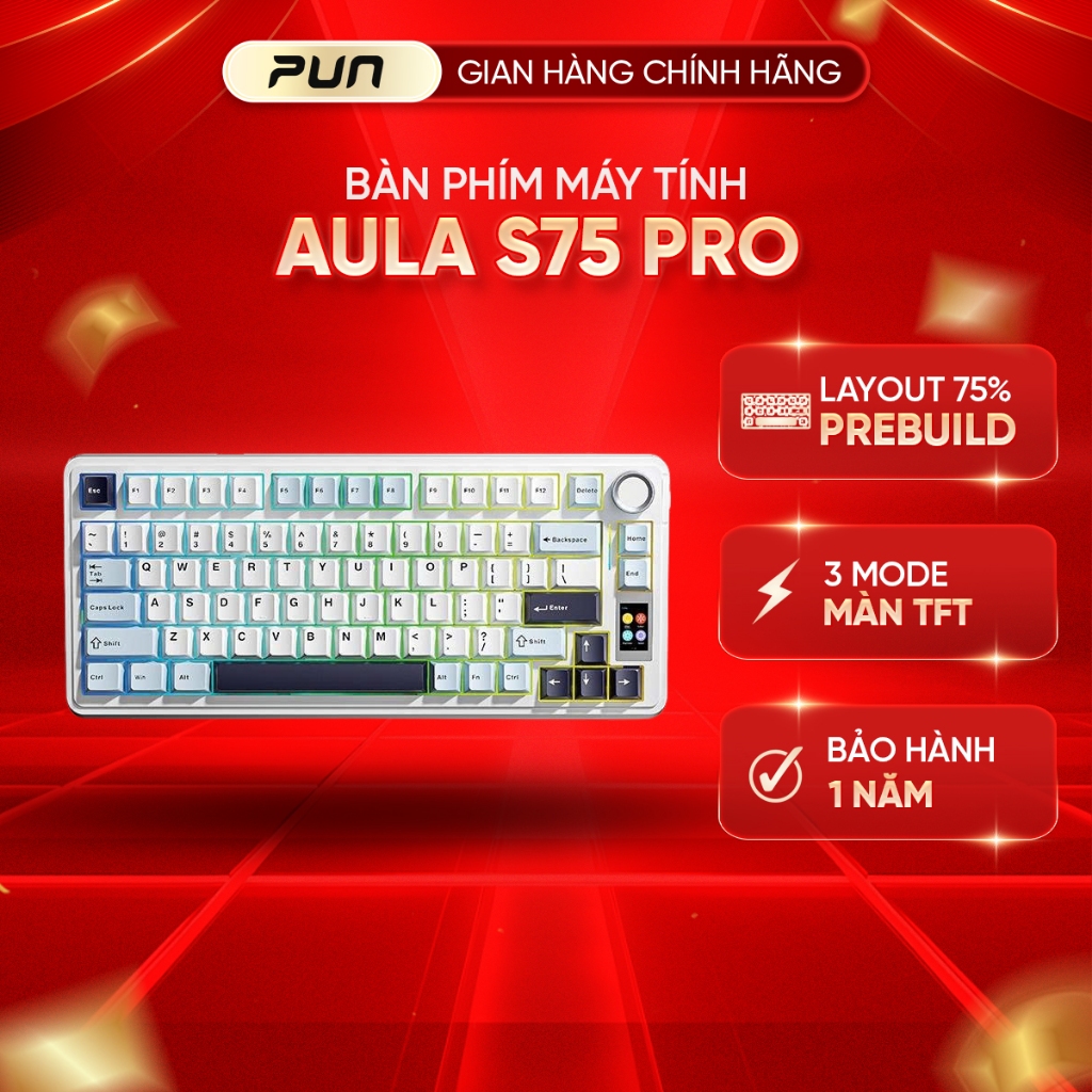 Bàn phím cơ Aula S75 Pro - Màn hình TFT 1.14", Gasket Mount, Hotswap, Bluetooth + 2.4G + Type-C, pin 4000mah