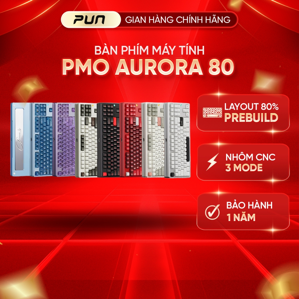 [CHÍNH HÃNG - FULL VAT] Bàn Phím Cơ Prebuild PMO Aurora 80 – TKL 87 Phím | Nhôm CNC | 3 Chế Độ Kết Nối | Gasket Mount