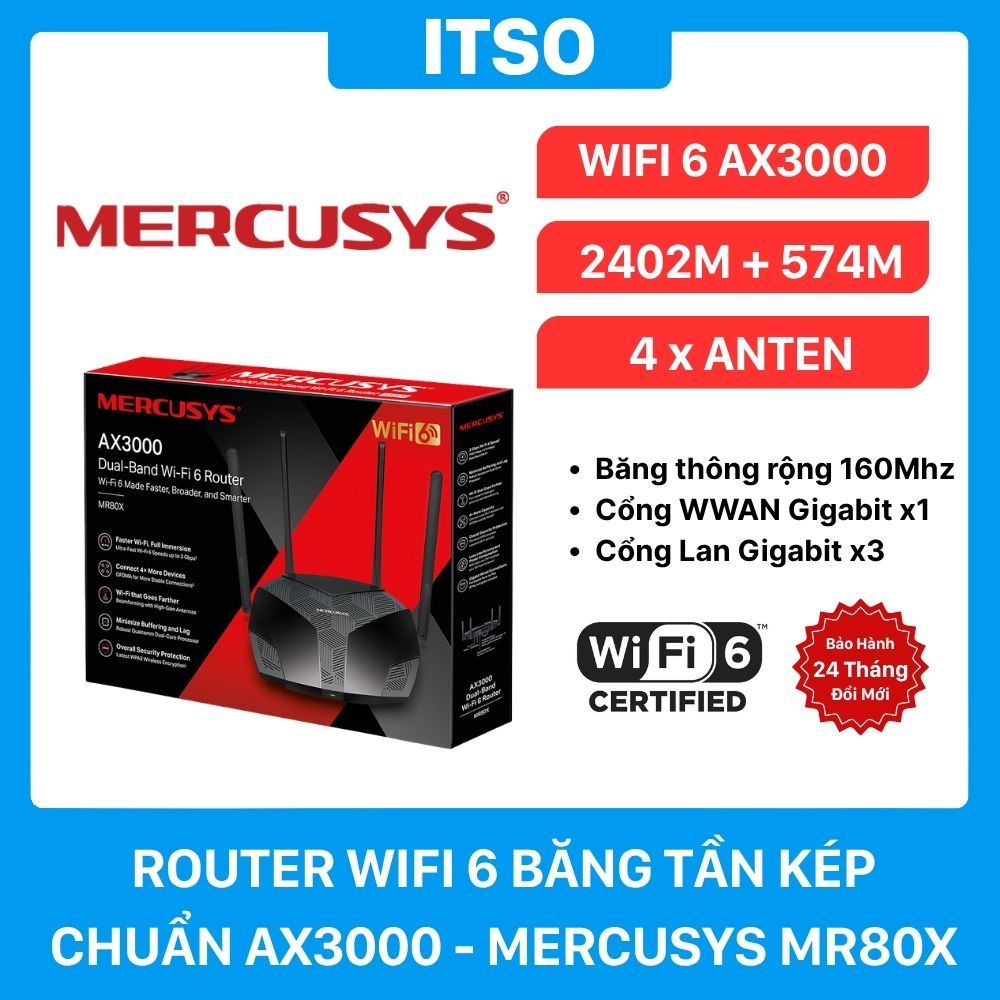 Router WiFi 6 MERCUSYS MR80X Chuẩn AX3000 – Tốc Độ Đỉnh Cao, Kết Nối Mượt Mà - Bảo hành 24 tháng