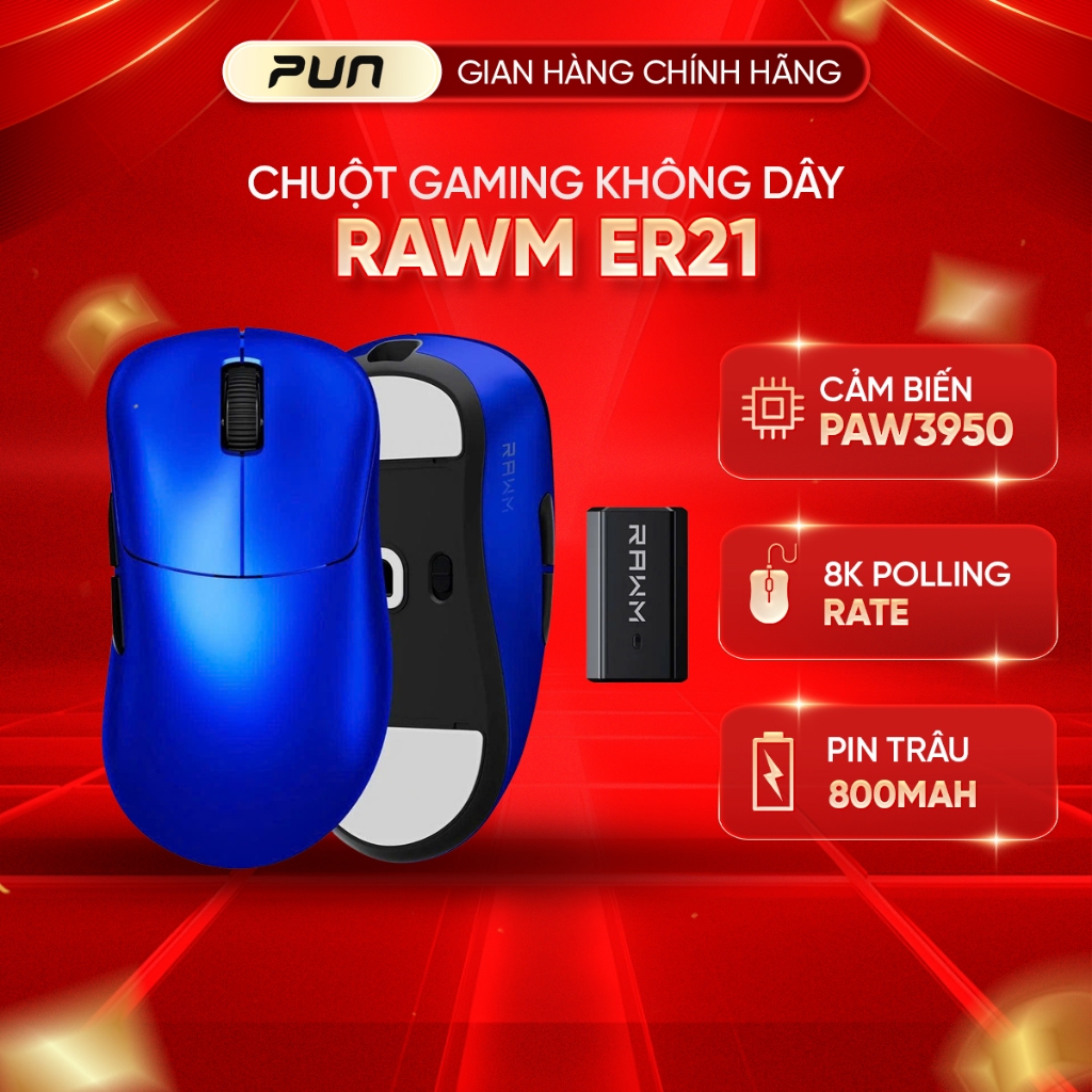 RAWM ER21 Pro – Chuột Gaming Công Thái Học Siêu Nhẹ | 8K Wireless | Switch Quang TTC