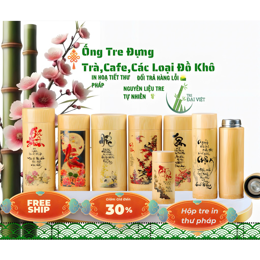 Hộp Tre Đựng Trà & Cfe Đồ Khô .In Thư Pháp