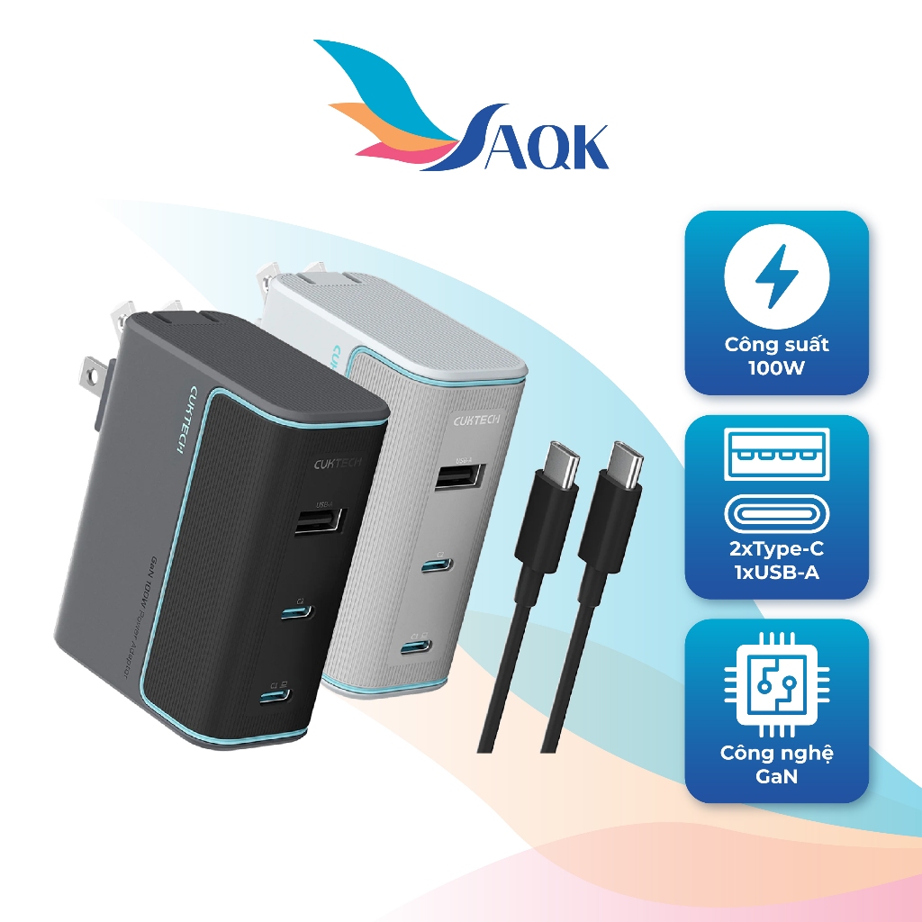 Combo cốc sạc Cuktech GaN 1USB 2Type-C 100W + Cáp USB Type-C to Type-C AD1003 - Hàng chính hãng