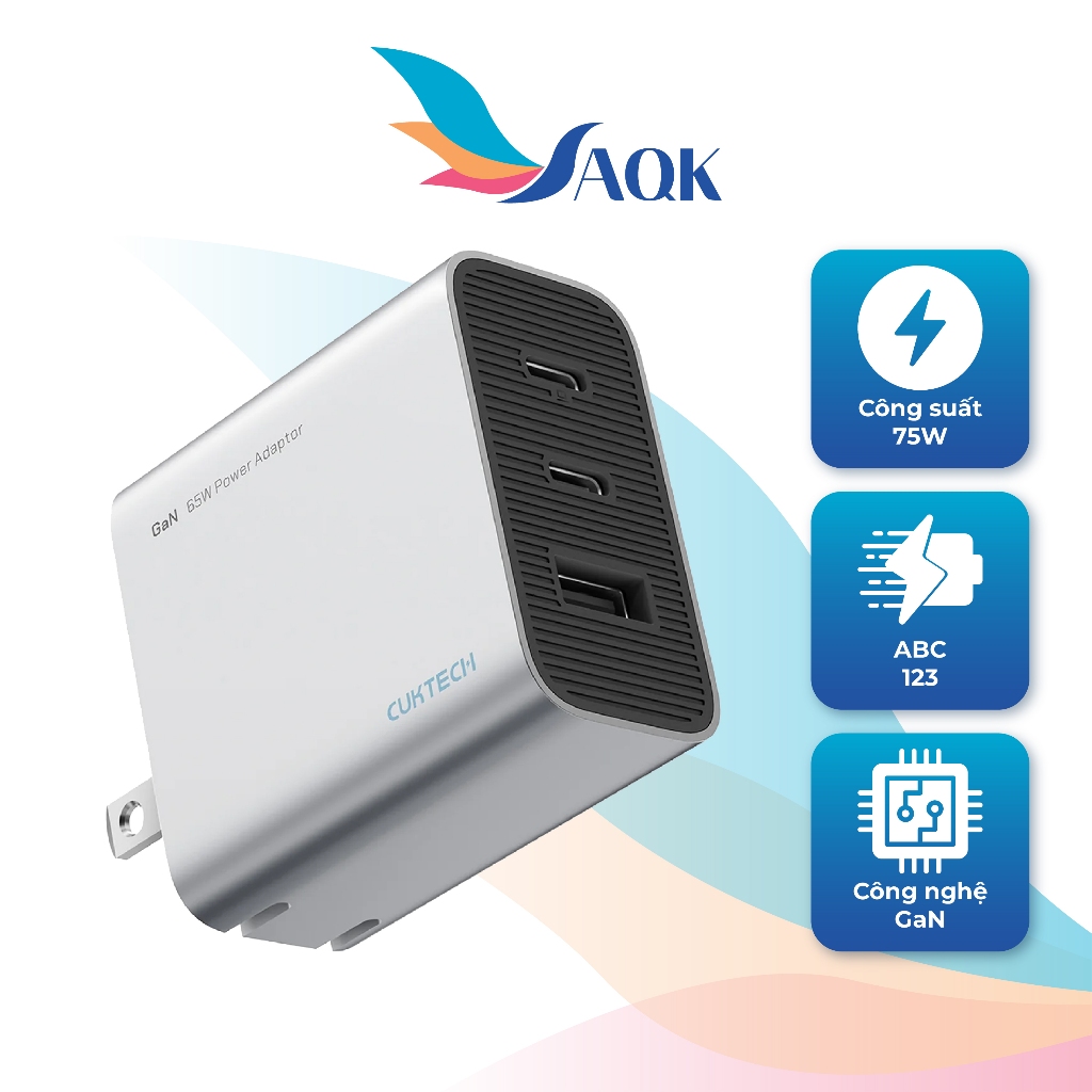 Cốc sạc Cuktech GaN 1USB 2Type-C 65W PD3.0 AD653N - Hàng chính hãng
