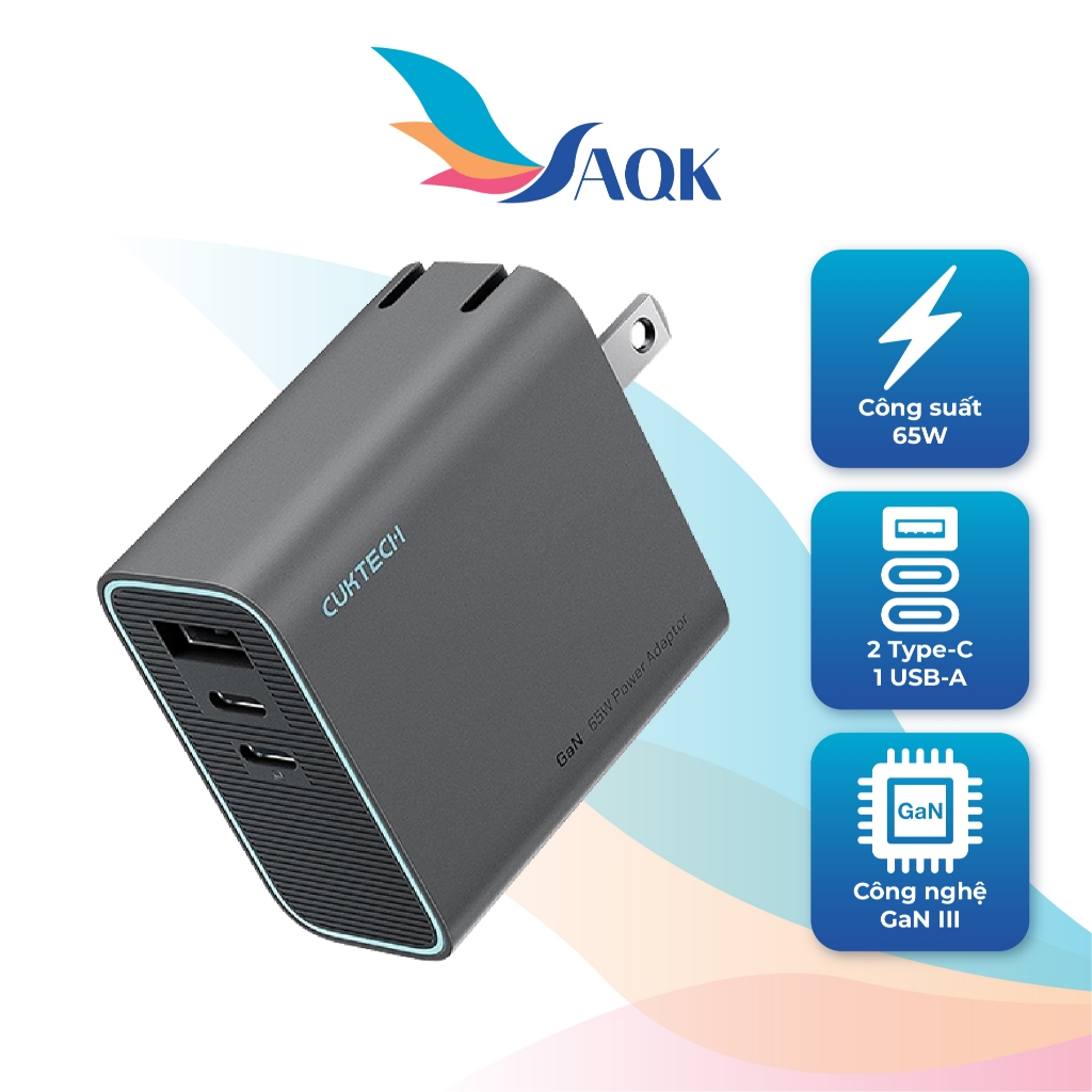 Cốc sạc Cuktech GaN 1USB 2Type-C 65W AD653C - Hàng chính hãng