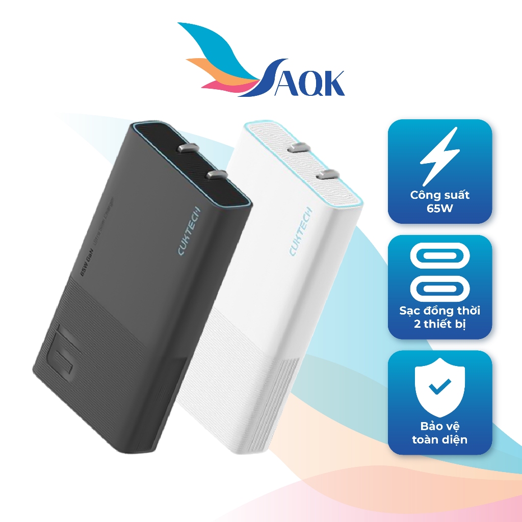 Cốc sạc Cuktech Ultra Slim 2Type-C 65W AD652S - Hàng chính hãng
