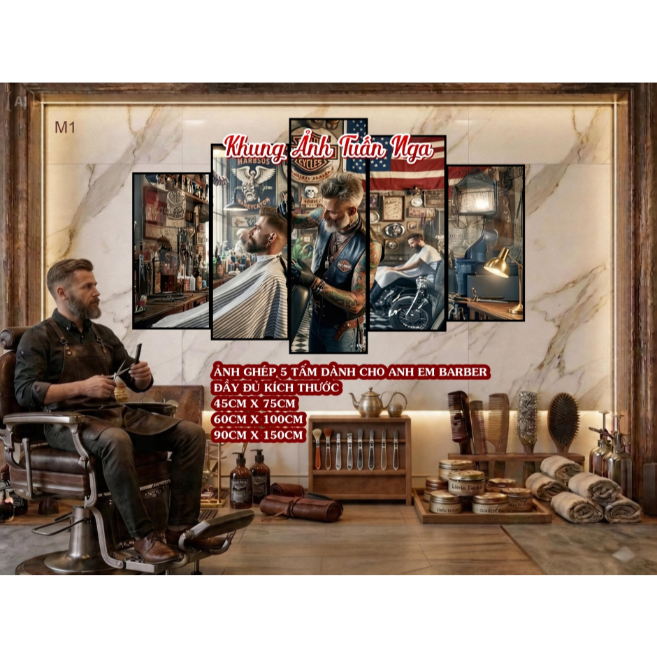 ẢNH BARBER . ẢNH GHÉP 5 TẤM FOMEX TRÁNG GƯƠNG