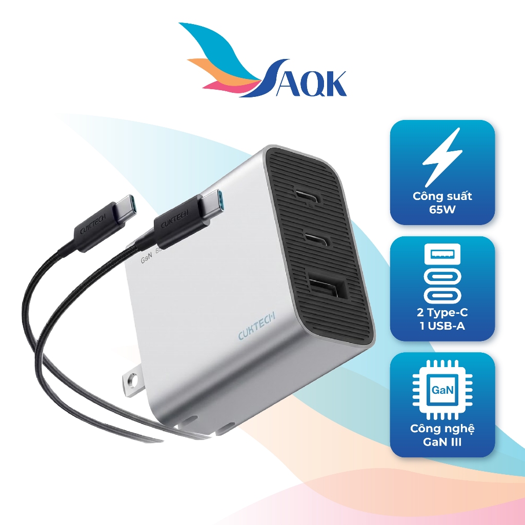 Combo cốc sạc Cuktech 1USB 2Type-C 65W + Cáp USB Type-C to Type-C AD653C - Hàng chính hãng