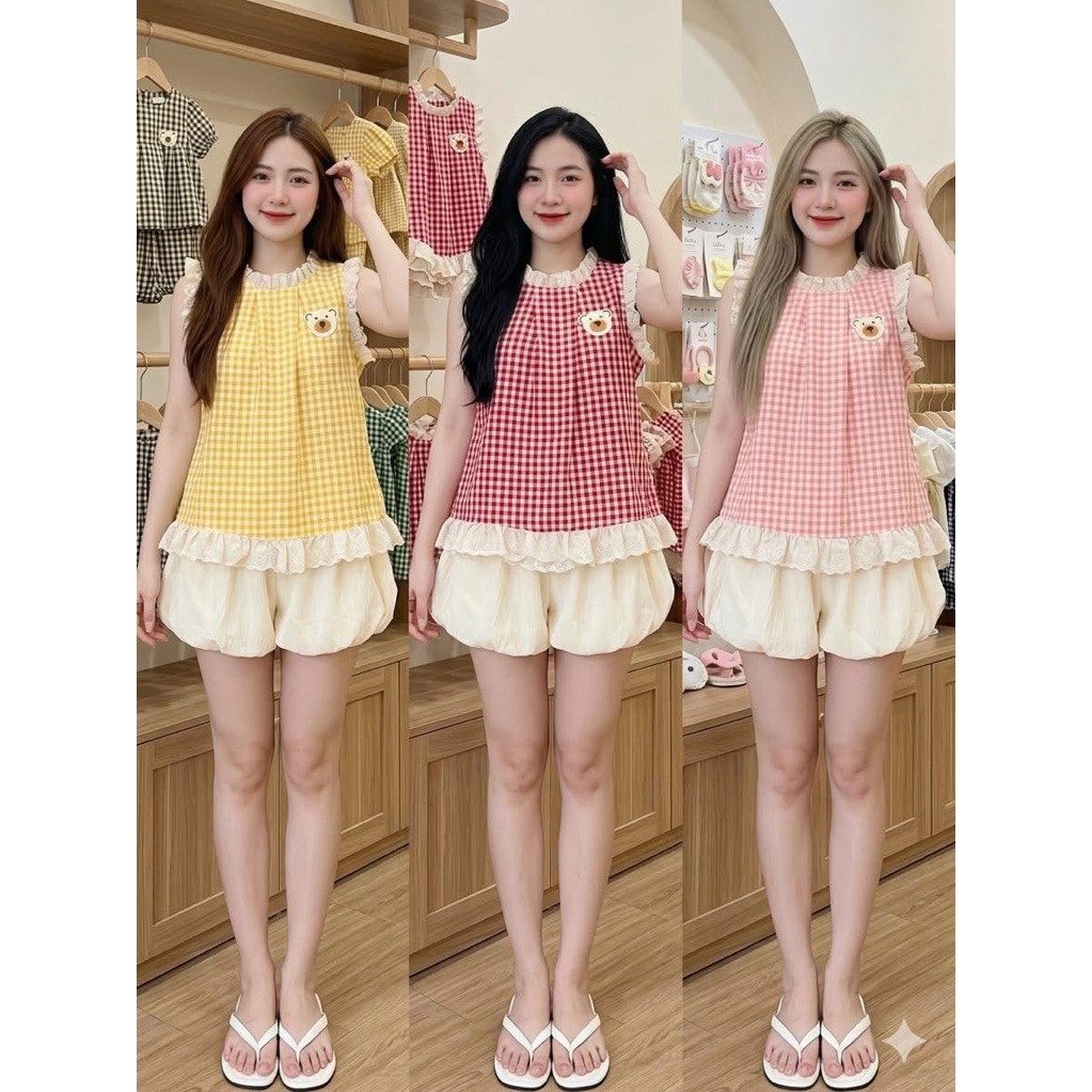 Set Bộ Nữ , Set Bộ Kẻ 2 Dây Viền Mí Ren Cúc Nẹp Hot