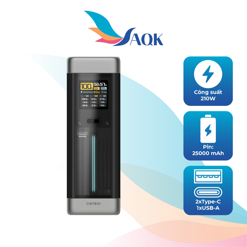 Sạc dự phòng Cuktech 20 Power Bank 1USB 2Type-C 210W 25000mAh P23 - Hàng chính hãng