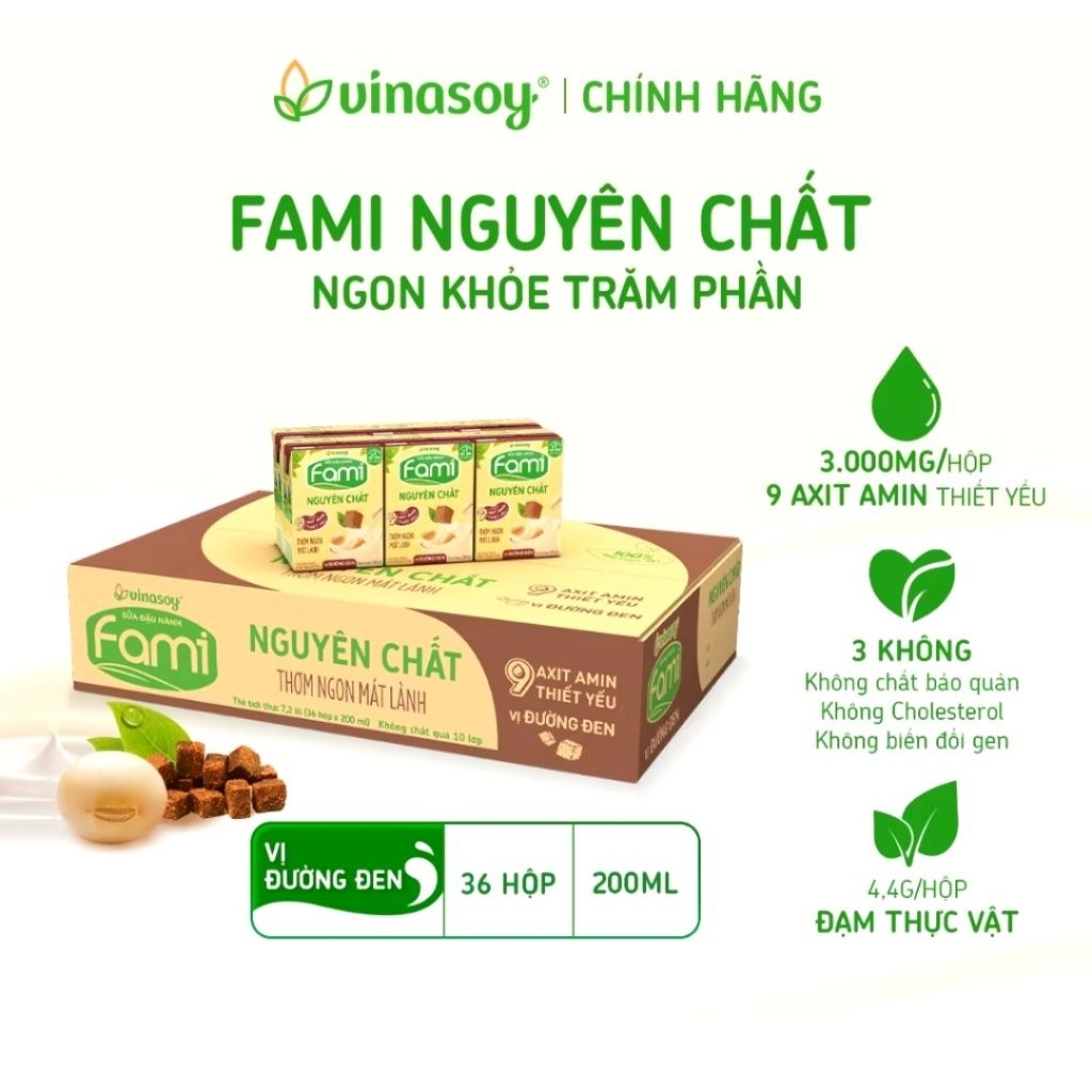 1 Thùng Sữa Đậu Nành Fami Nguyên Chất Vị Đường Đen (36 hộp × 200ml)