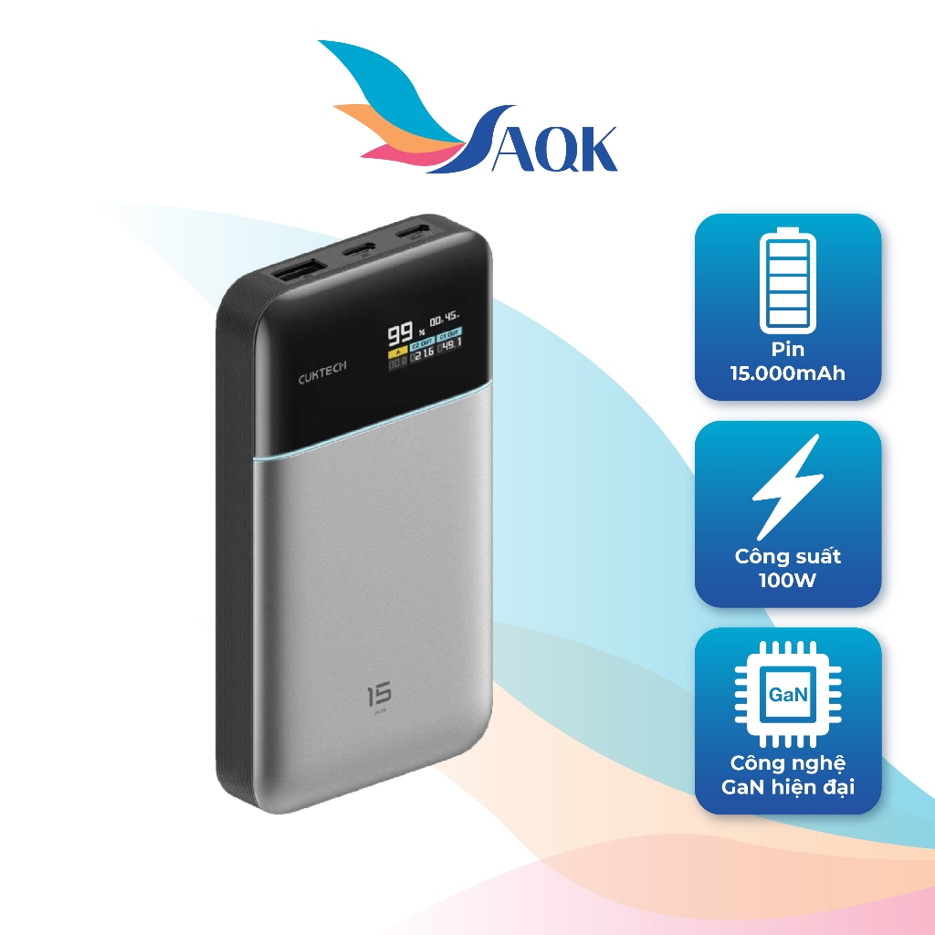Sạc dự phòng Cuktech Power Bank 15 Air 1USB 2Type-C 100W 15000mAh PB150S - Hàng chính hãng