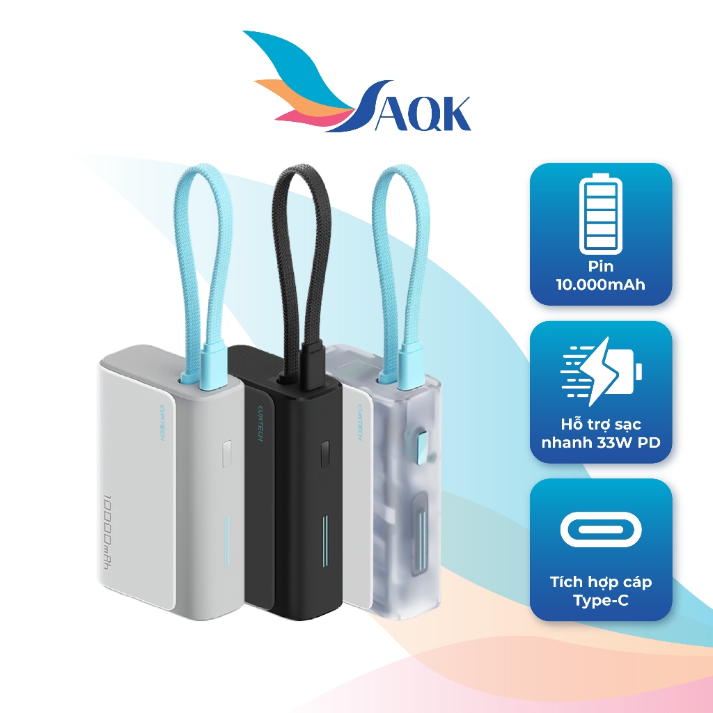 Sạc dự phòng Cuktech Built-in USB-C Cable 1Type-C 33W 10000mAh CP133L LPB100 - Hàng chính hãng