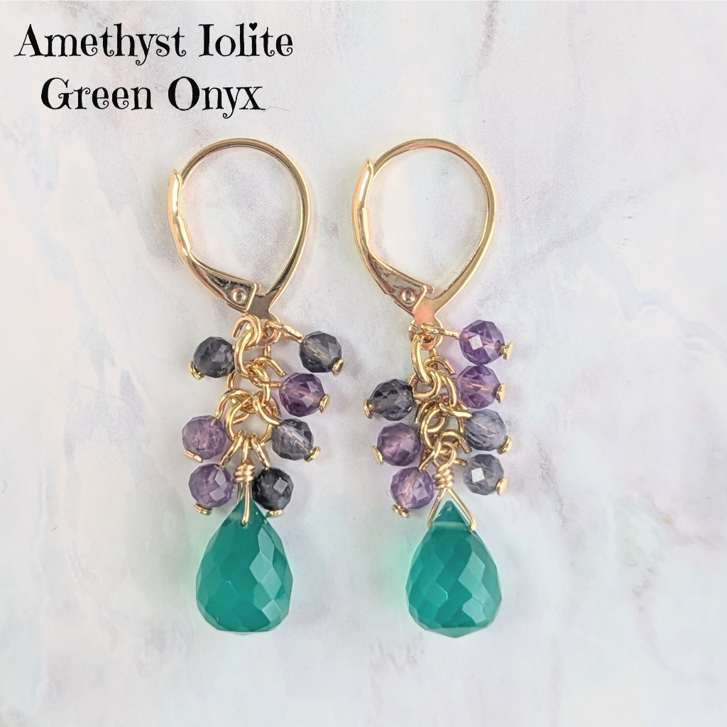 Gemstone Earrings - Amethyst Iolite and Green Onyx - Direct from Japan | Hàng từ Nhật Bản
