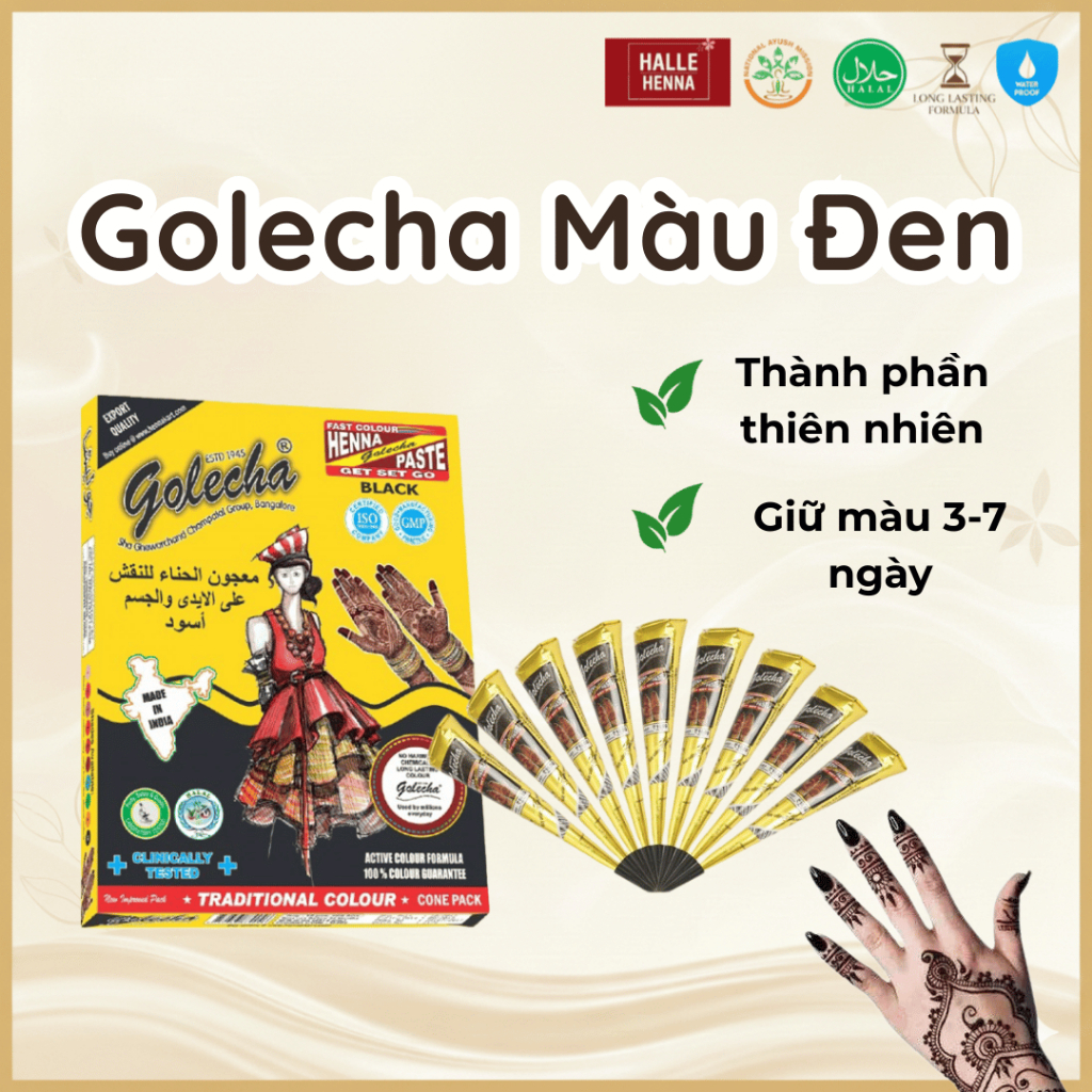 Mực Vẽ Hình Xăm Henna Đen Golecha Ấn Độ – Henna Cone Black Special Chính Hãng, Lên Màu Đậm, Bền 5–7 