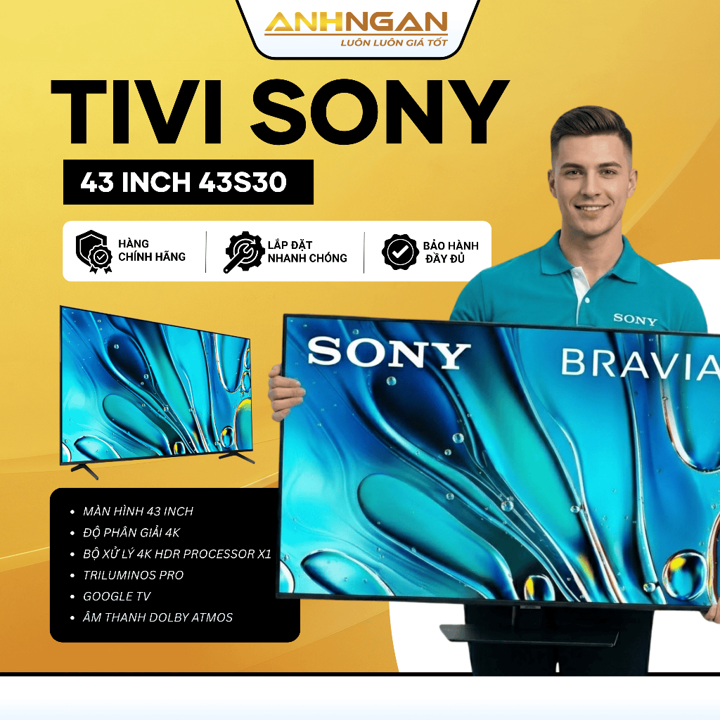 Google Tivi Sony 4K 43 inch K-43S30 | X1 4K HDR, Dolby Atmos, Google TV, BH 24 tháng