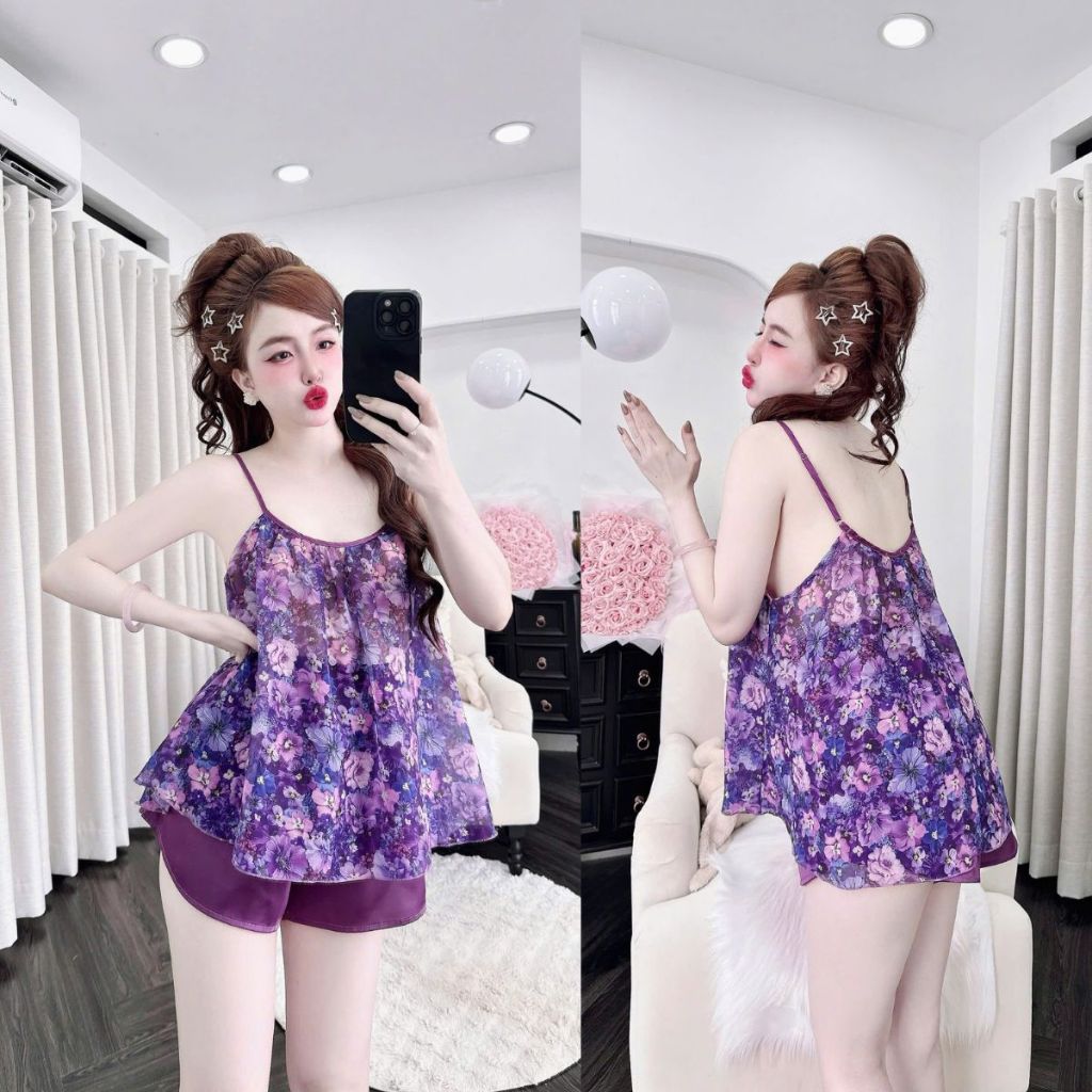 Đồ ngủ nữ BIGSIZE MIKY, Đồ ngủ sexy lụa Chiffon phối Latin cao cấp mềm mại xinh xắn <70kg M24 | BigBuy360 - bigbuy360.vn