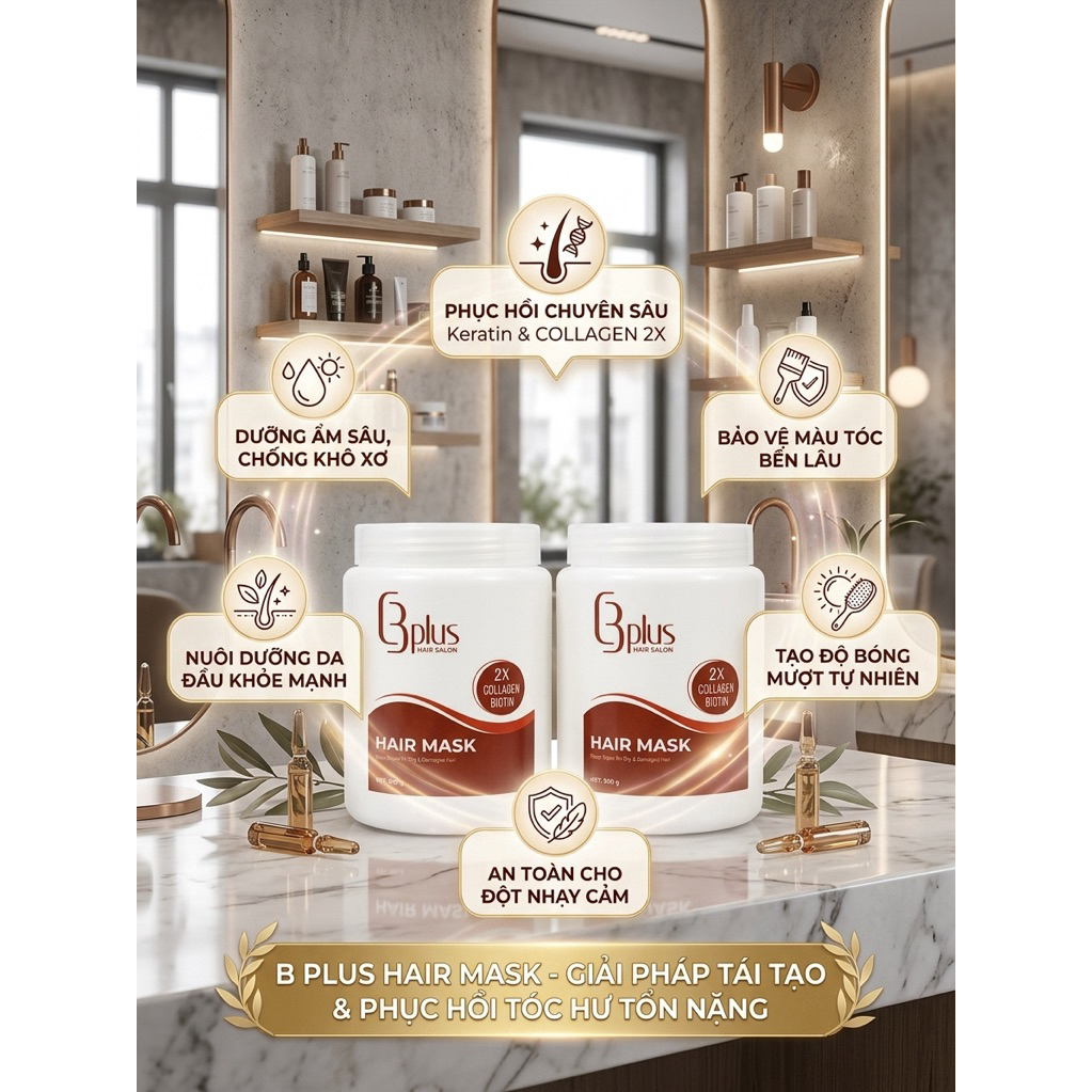Kem Ủ Tóc Bplus Hair Mask 2X Collagen & Biotin Phục Hồi Tóc Hư Tổn 900g