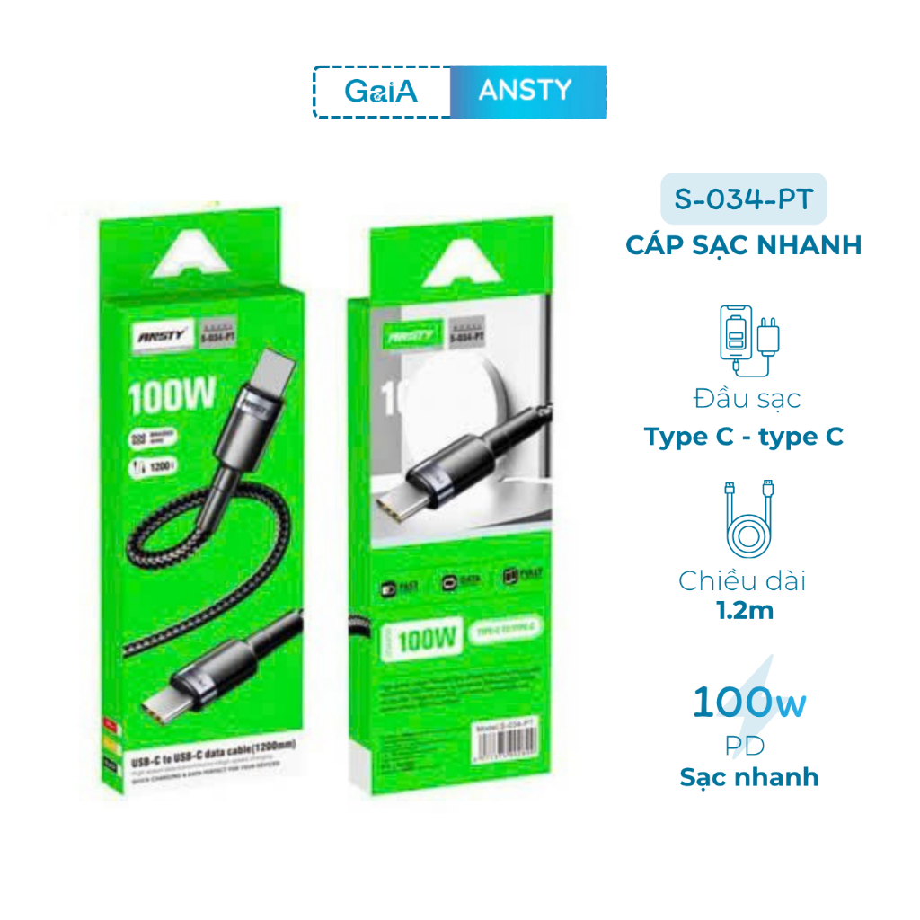 S-034-PT Cáp sạc nhanh Ansty đầu sạc type C lên tới 100w dài 1.2m