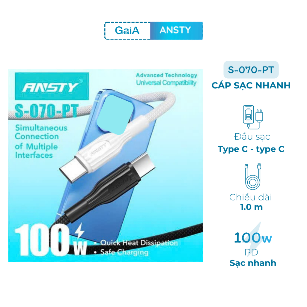 S-70-PT Cáp sạc nhanh Ansty Type C dài 1m sạc lên tới 100w