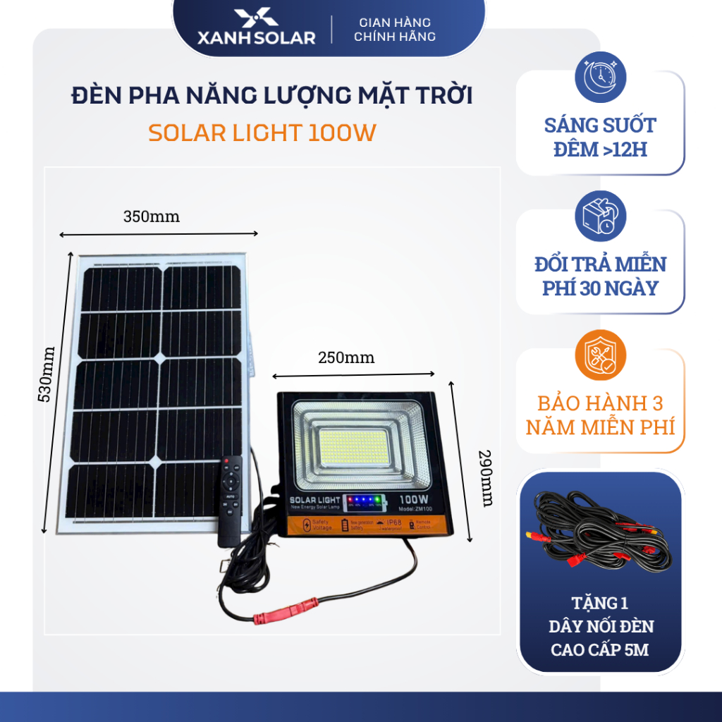 Đèn Pha NLMT 100W Solar Light ZM100 189 Chip LED 5054 Pin 20.000mAh IP68 Chiếu 100m² BH 2 Năm XANH S