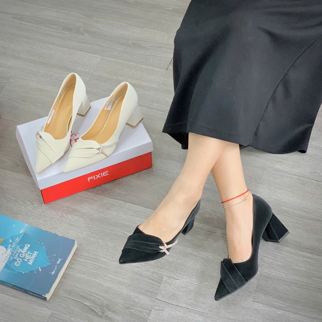 Giày Cao Gót 5cm Gót Vuông Da Lì Đính Viền Đá Sang Trọng K421