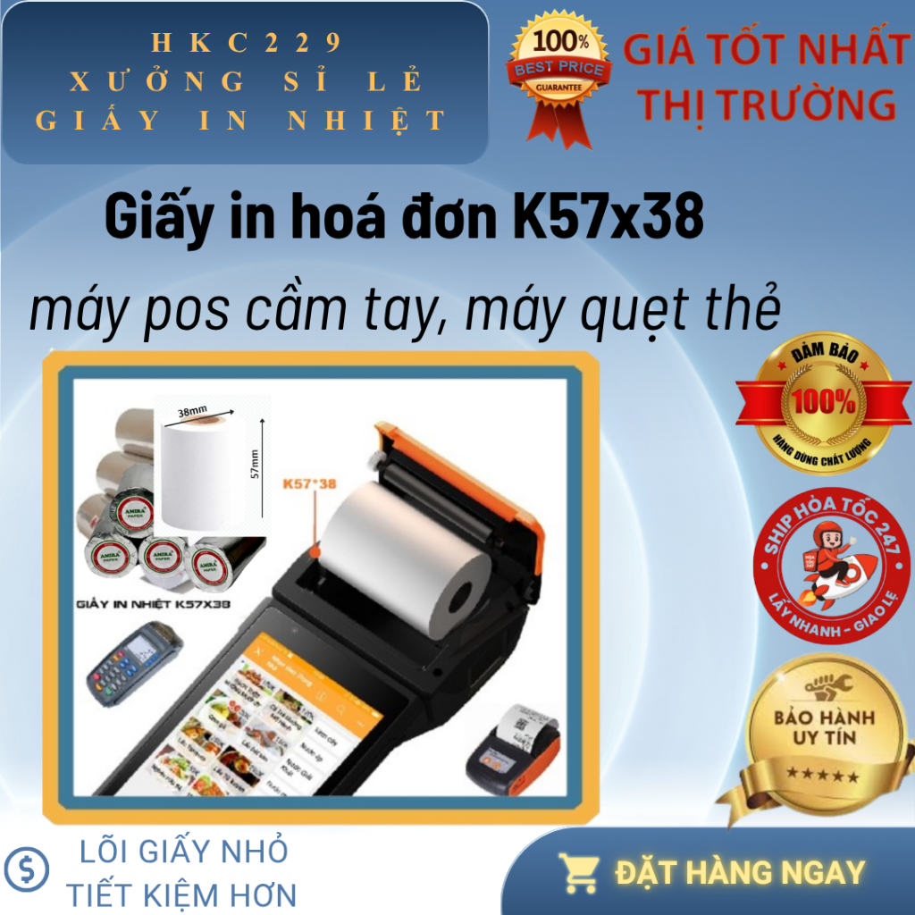 Thùng 100 cuộn K57x38 mm, Giấy In Bill k57x38 dùng cho máy pos cầm tay, máy quẹt thẻ