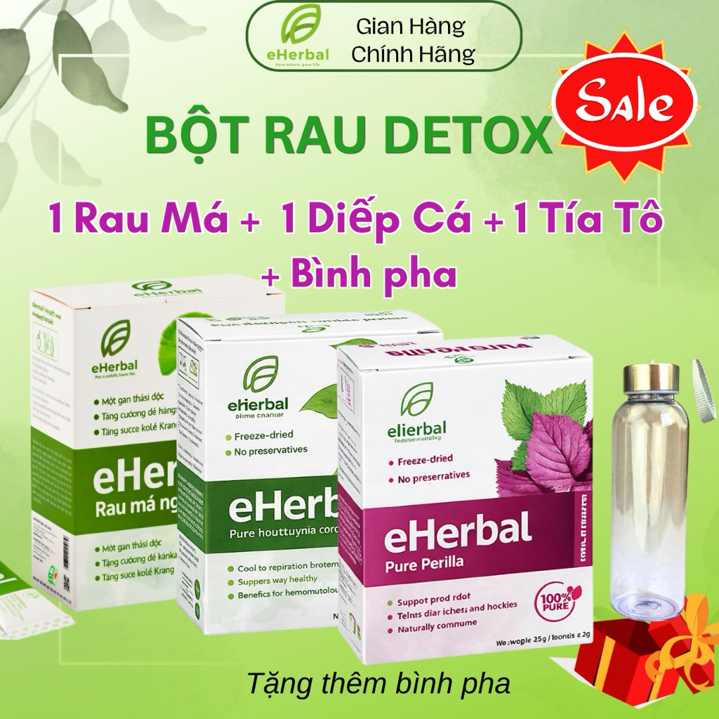 [ Combo 3 Tặng 3] Bộ 3 Bột rau detox Eherbal rau má, diếp cá, tía tô - Sấy thăng hoa