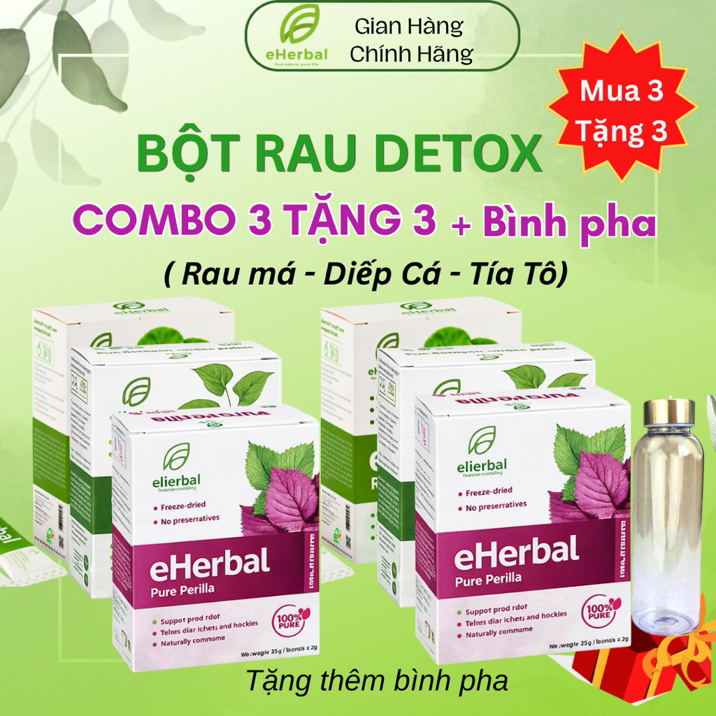 (Combo 3 Tặng 3 ) BỘT RAU DETOX Eherbal - Rau má, Diếp cá, Tía tô - Tặng Kèm Bình Pha