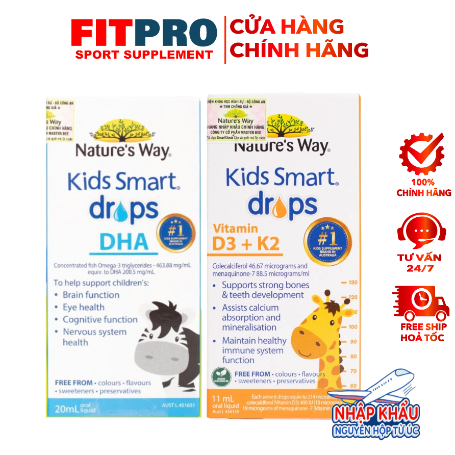 Combo Nature's Way Kids Smart Drops DHA & Drops D3 K2 Cho Bé Thông Minh, Cao Lớn