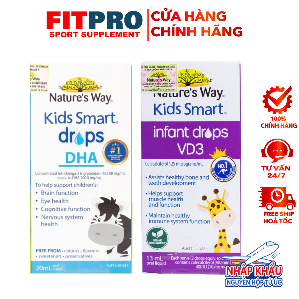 Combo Thông Minh Cho Bé Nature's Way Kids Smart Drops DHA & Infant Drops VD3 Organic (Úc)