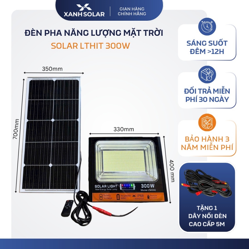 Đèn Pha NLMT 500W Solar Light ZM500 624 Chip LED 5054 Pin 60.000mAh IP68 Chiếu 300m² BH 2 Năm XANH S