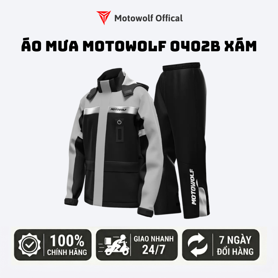 Áo Mưa Bộ Motowolf MDL 0402B Xám Tích Hợp Bọc Giày, Đèn Led, 2 Nón