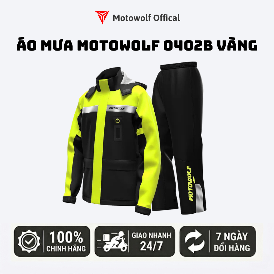 Áo Mưa Bộ Motowolf MDL 0402B Đen Vàng Tích Hợp Bọc Giày, Đèn Led, 2 Nón