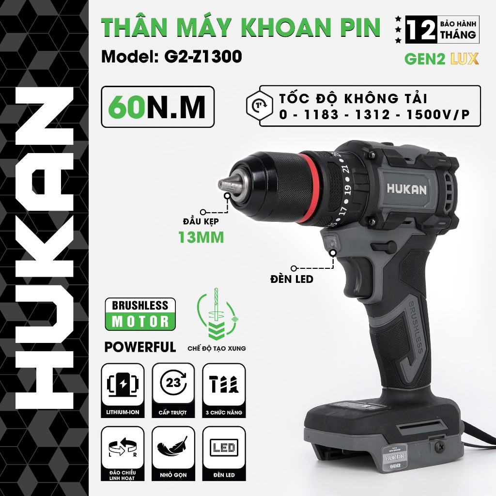 Máy khoan pin HUKAN Z1300, 60Nm, tạo xung, Đầu autolock-khoá trục,Không chổi than - hàng chính hãng