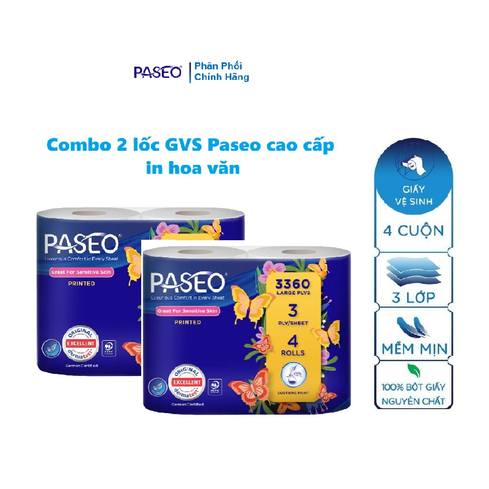 Combo 2 lốc Giấy vệ sinh Paseo 4 cuộn 3 lớp